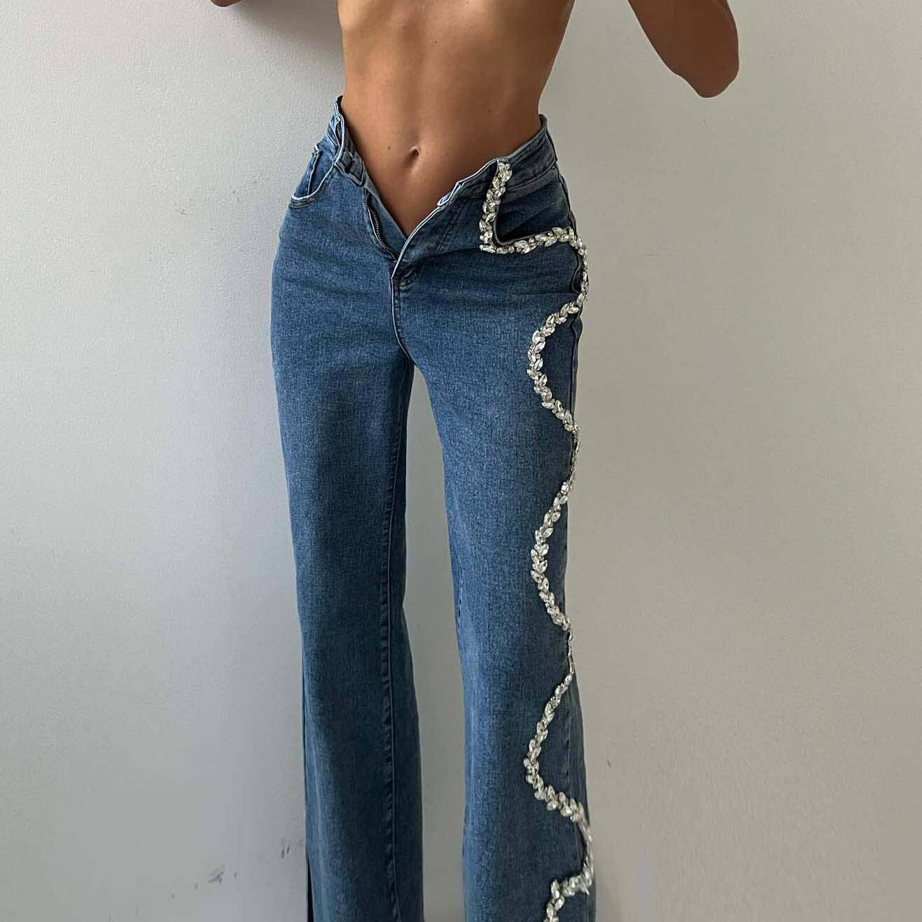 Azul Calça feminina jeans reta com corrente de diamantes, cintura alta para venda a revendedores na Faire4