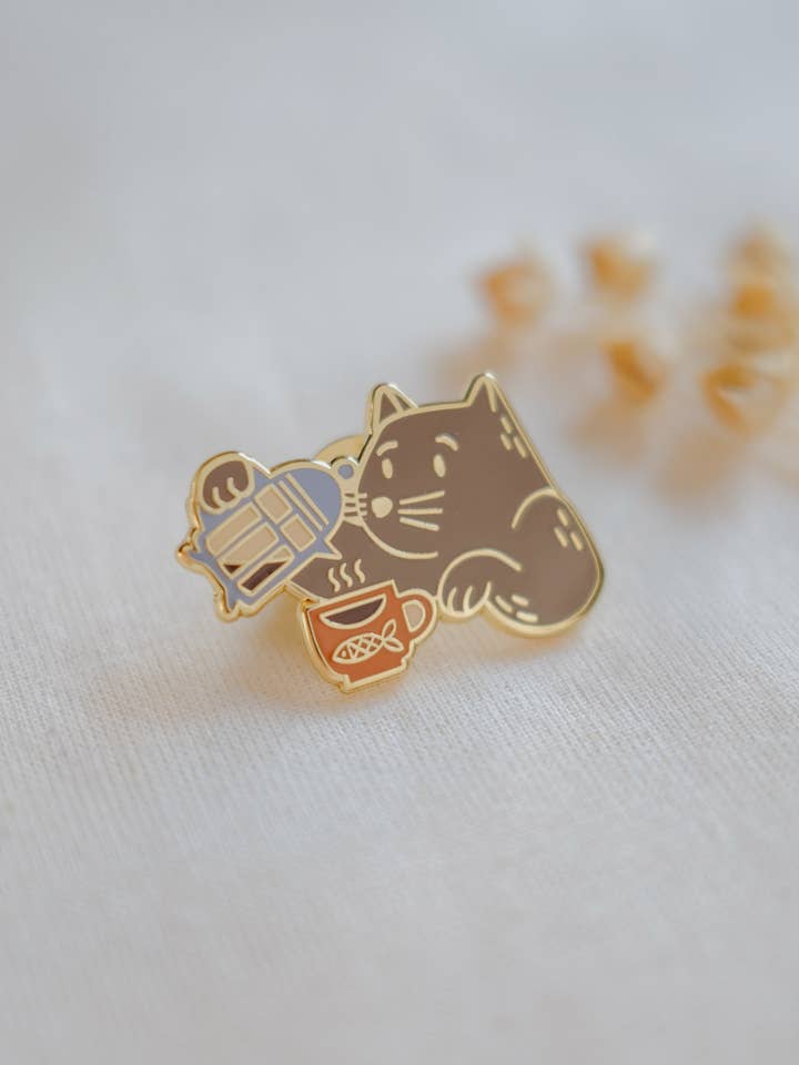 Coffee Cat (Gray) Enamel Pin for wholesale by Justine Gilbuena