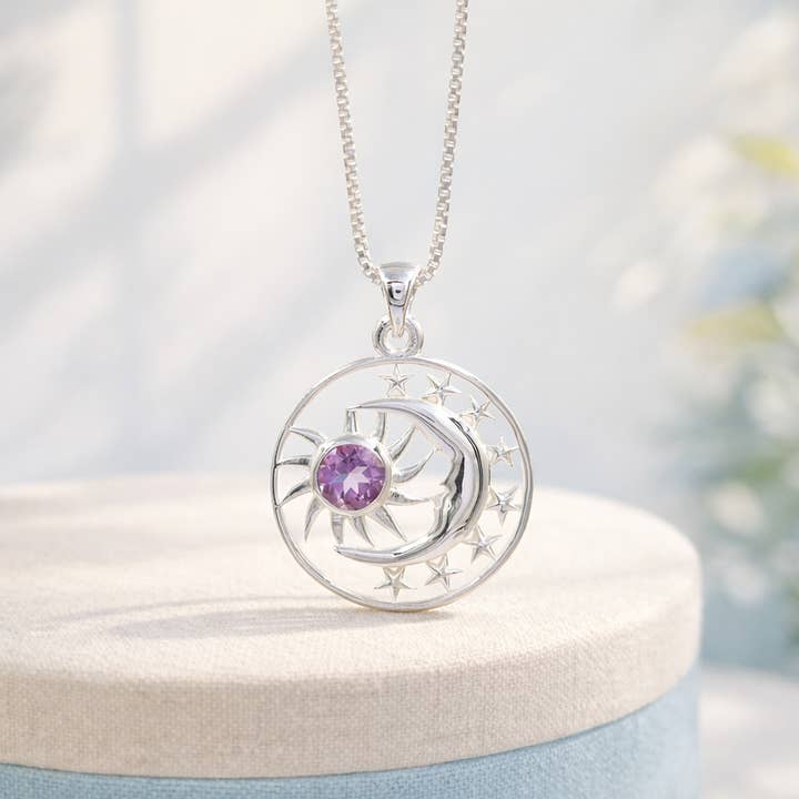Natural Amethyst Sun Moon Pendant in 925 Sterling Silver for wholesale by Jay Jools