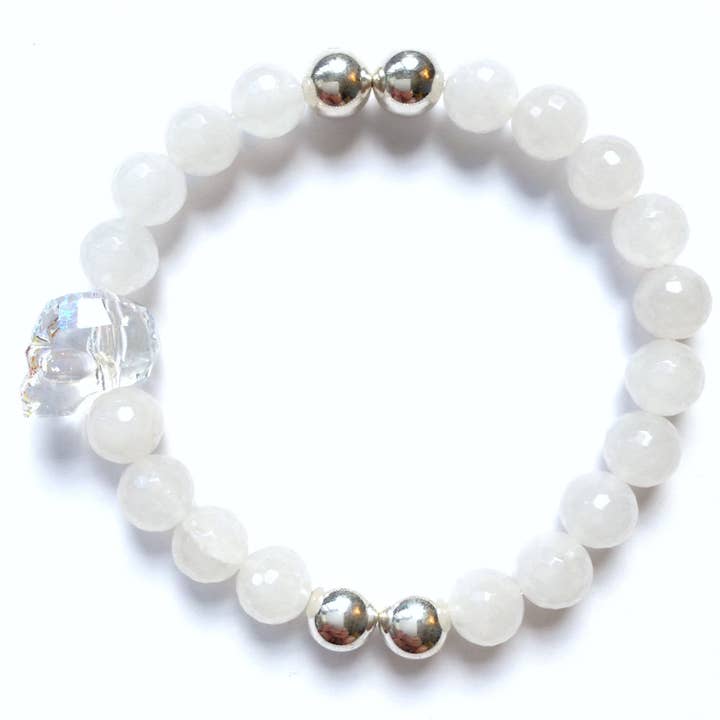 Swarovski Crystal Skull With Faceted White Agate & Sterling Silver Stretch Bracelet for wholesale by Solid Design Studios