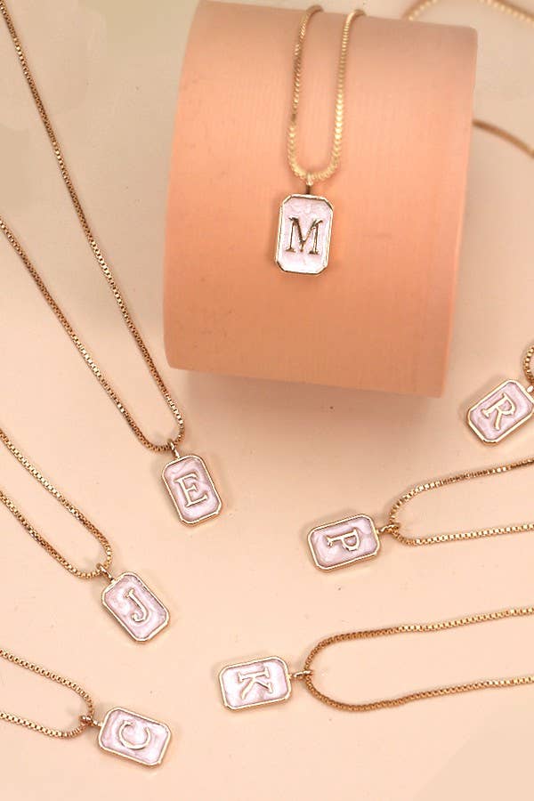 JOSSLYN by wall to wall - Wholesale Pendant/Charm Necklace - MONOGRAM INITIAL RECTANGLE PEARLY CHARM NECKLACE  | 80N1810