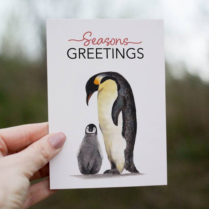Christmas Penguins Greetings Card for wholesale by Lucy Locks Art