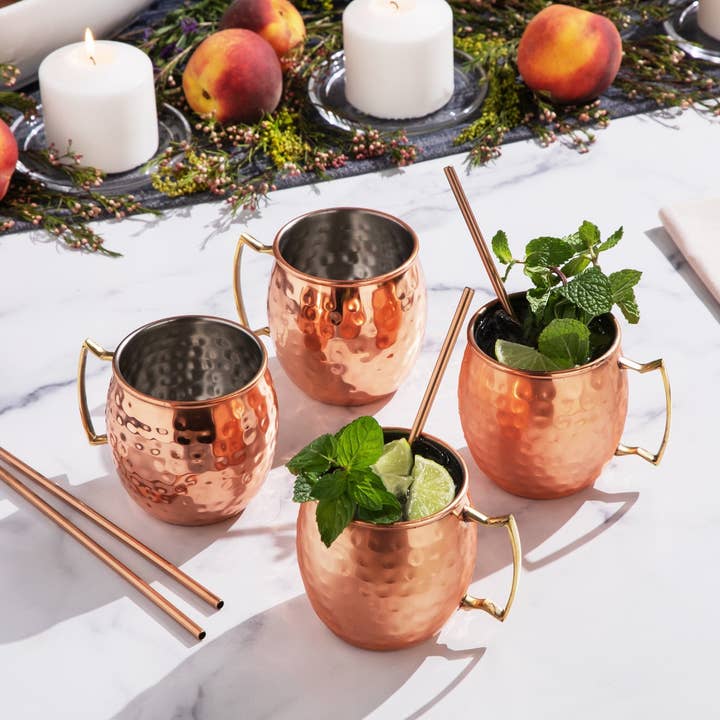 Sol Living - Wholesale Cocktail/Liquor Glass - Moscow Mule Mugs - 4 Pack - Siver/Copper (4 Cups + 4 Straws)6