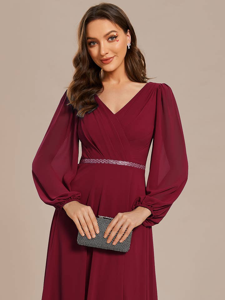 Ever-Pretty - Wholesale Gown - Women's - Elegant waisted chiffon V-neck Long Sleeve guest Dress19