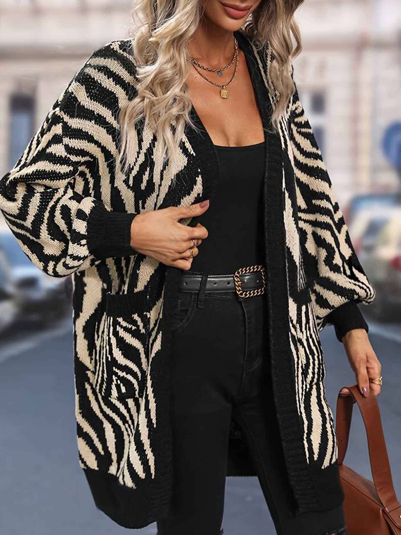 BLACK V-neck zebra print long unbuttoned cardigan for wholesale on Faire4