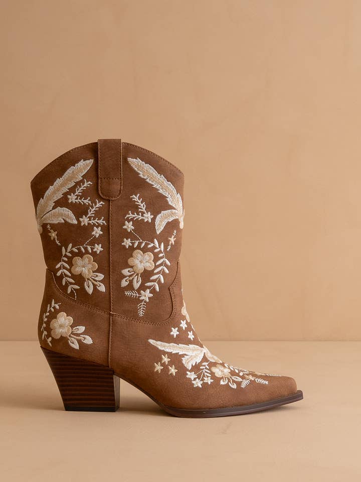 The Bailey | Cocoa Embroidered Cowboy Bootie for wholesale on Faire