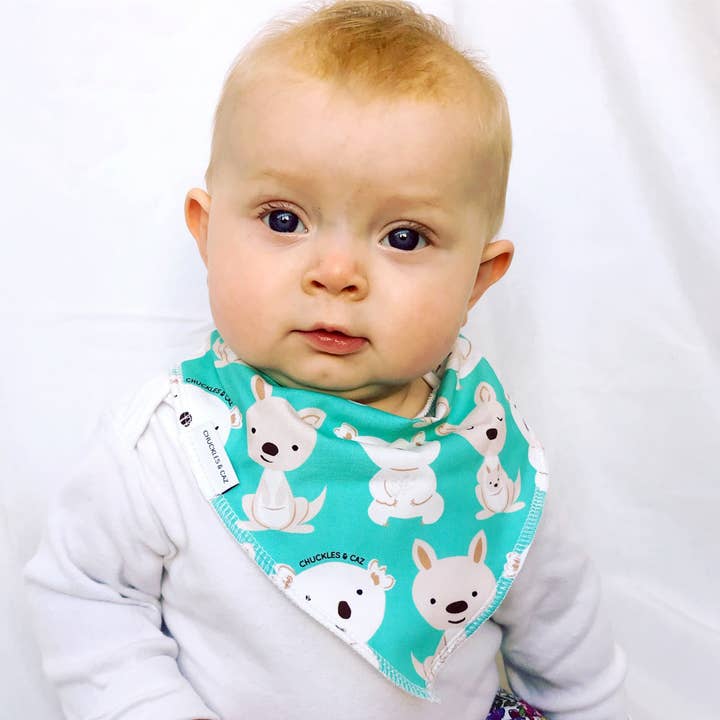 Aqua Koala & Kangaroo Dribble Bib for wholesale by Chuckles & Caz