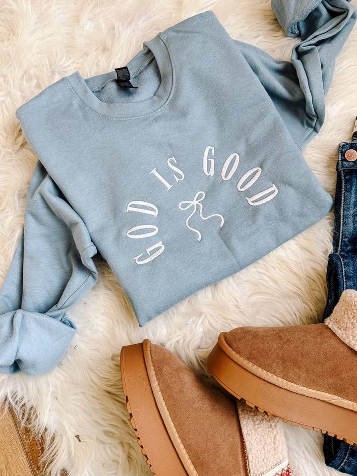 God Is Good Bow Embroidered Sweatshirt - Stone Blue for wholesale by Emerlie Love