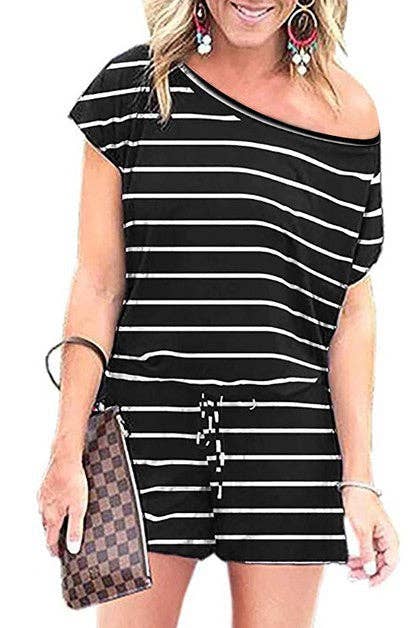 Supreme Fashion – wholesale Romper – Women's – Striped Short Sleeve Drawstring Waist Romper1