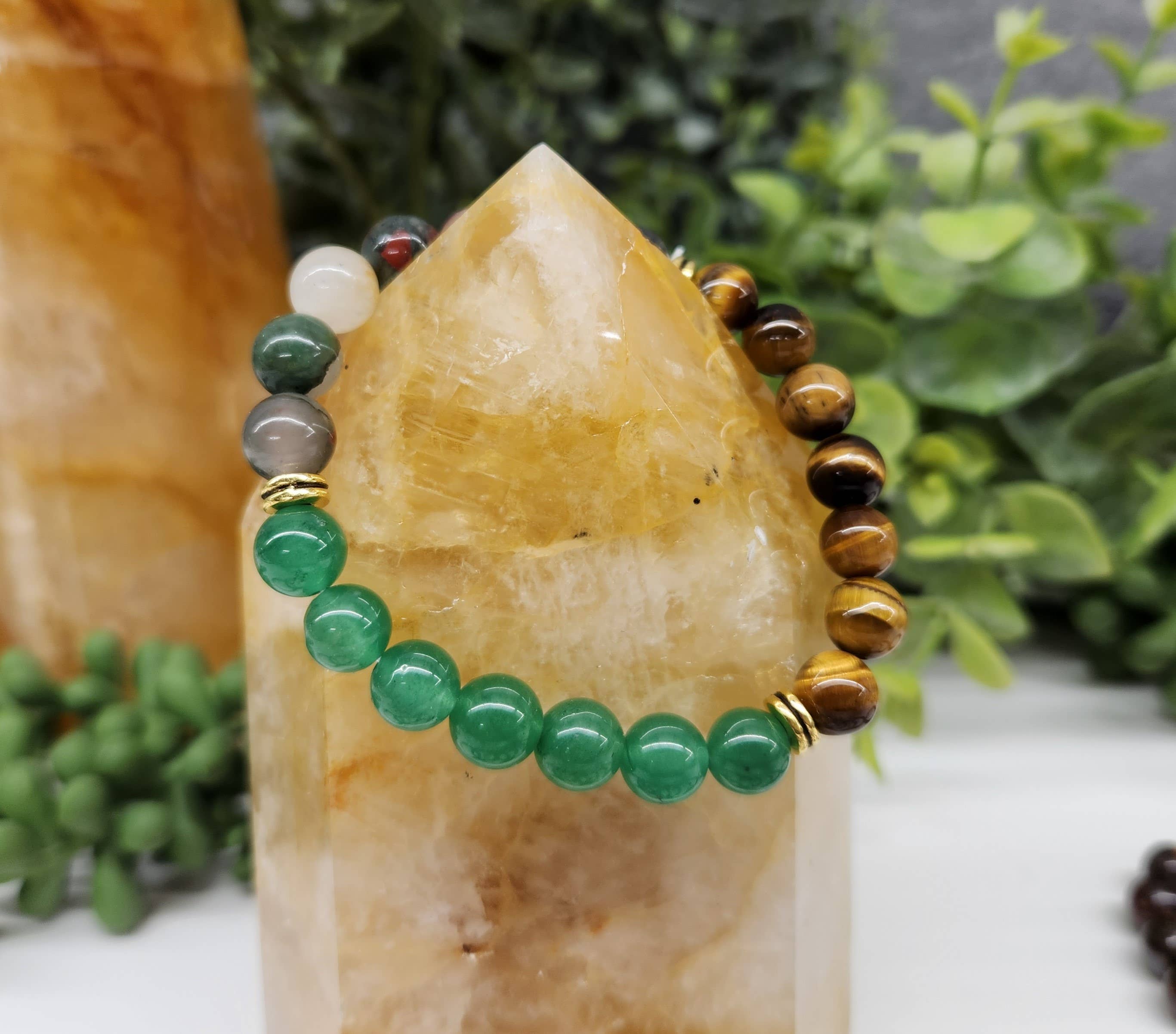 Meraki Gemstones - Wholesale Beaded Bracelet - ABUNDANCE - Green Jade/Tiger Eye/Bloodstone Bracelet 8mm1
