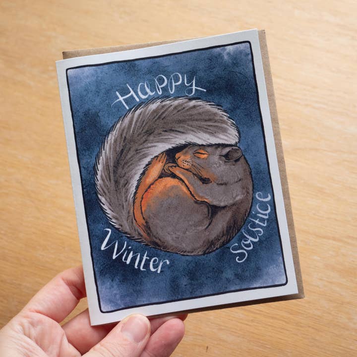 Winter Solstice Squirrel Greeting Card 100% Recycled Paper for wholesale by Laurel Mundy Illustration