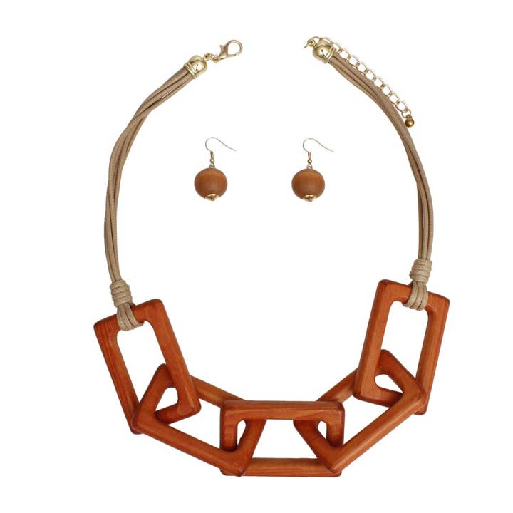 Collar Chunky Brown Wood Rectangle Link Necklace for wholesale on Faire1