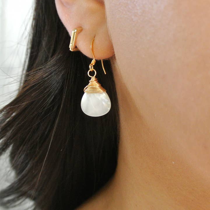Mother of Pearl Wrapped Teardrop Earrings for wholesale by Edgy Petal Jewelry