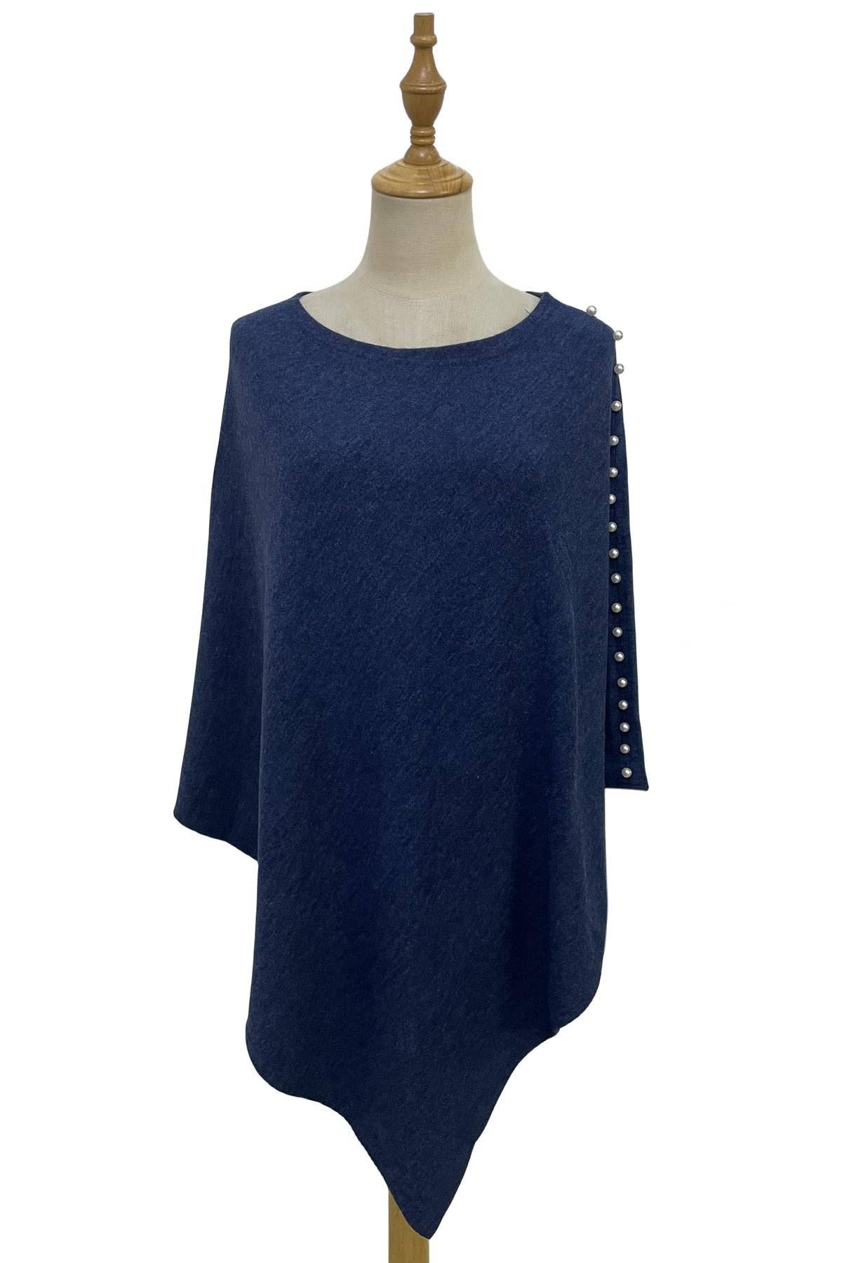 Fashion Scarf World - Wholesale Poncho - Women's - Plain Wool Knit Poncho With Pearl Detailing12