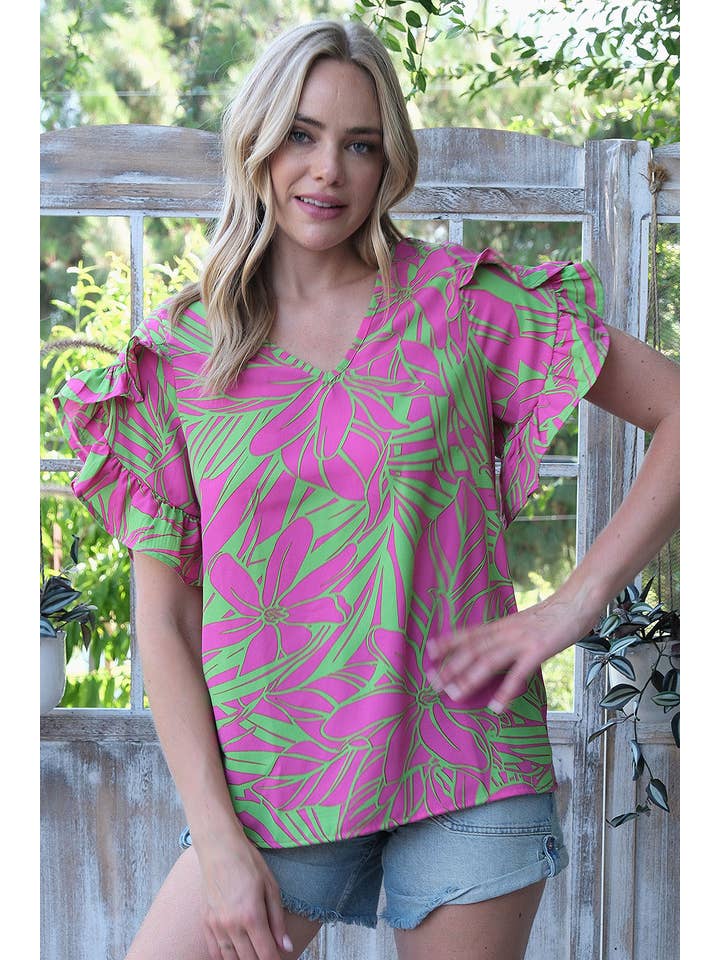 FUCHSIA GREEN ST2407-E - PRINTED WOVEN RUFFLED TULIP SLEEVE V NECK TOP for wholesale on Faire2
