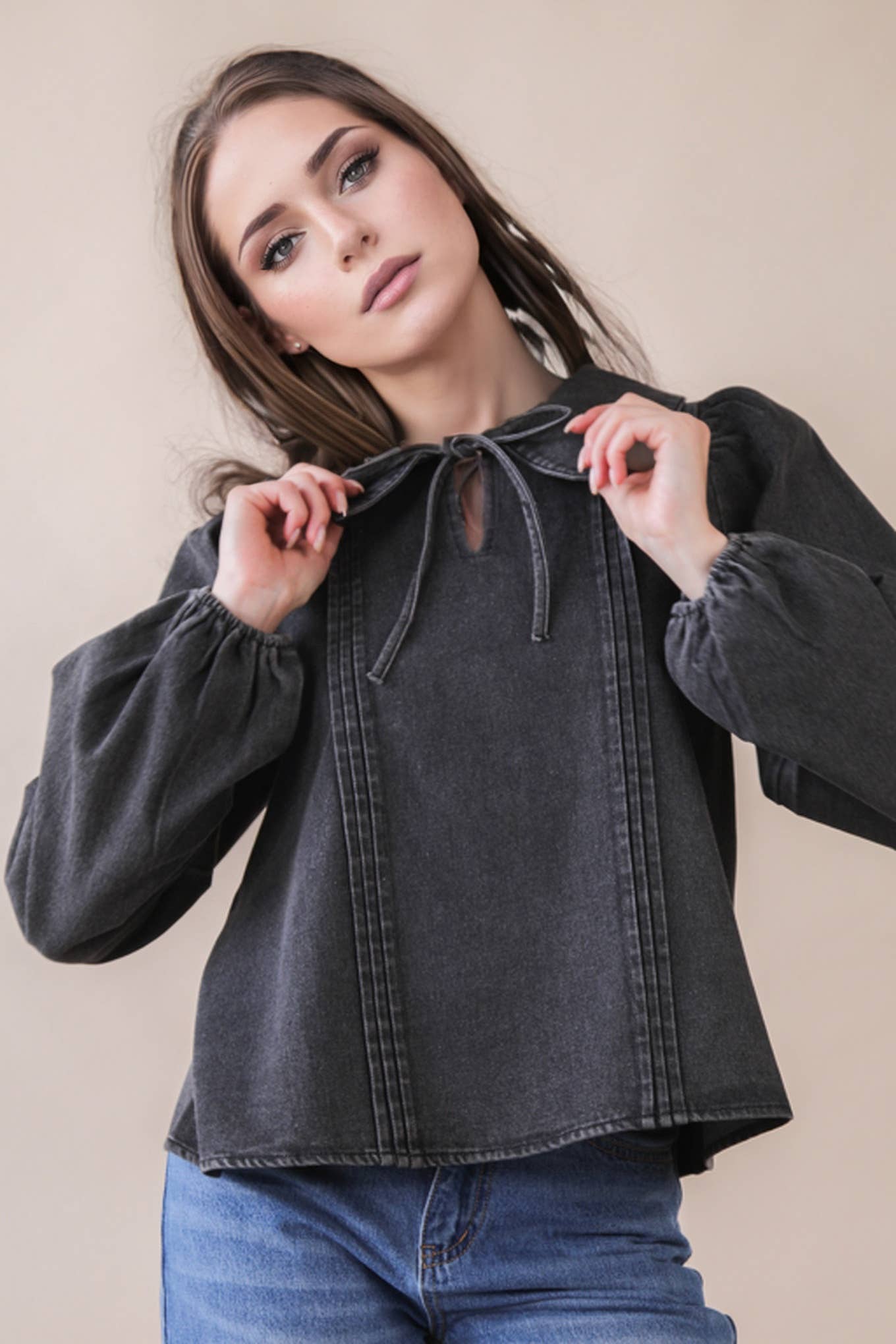 VERY J - Venta al por mayor Blusa - Mujer - Blusa Top de Mezclilla Chambray Lavado Mineral NT122337