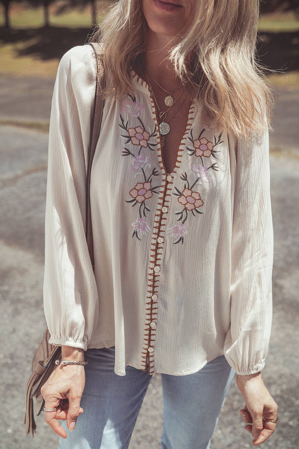 Beige Floral Embroidered Textured Spring Puff Sleeve Loose Shirt for wholesale on Faire4
