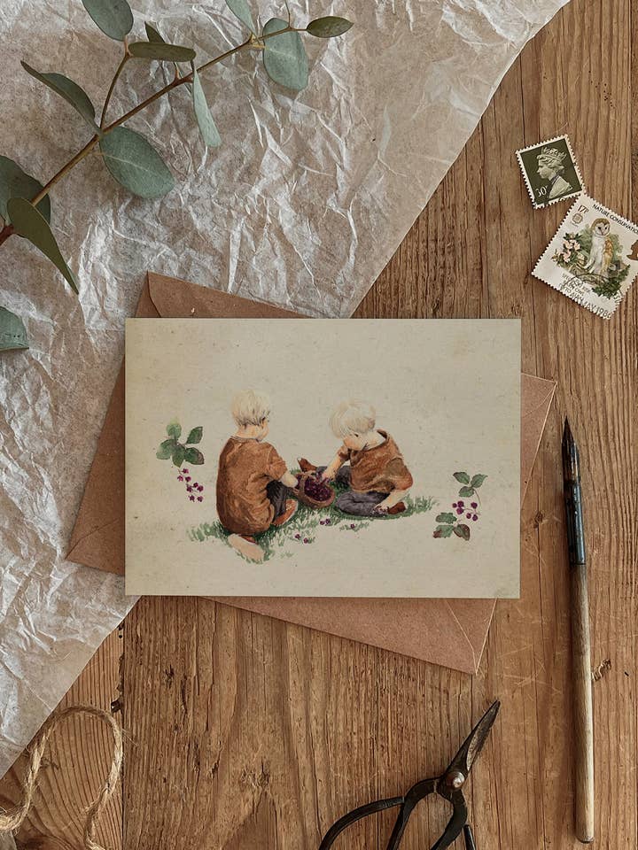 Harvest Days - Boys Eating Berries Vintage Finish Card for wholesale by Brooke Marie