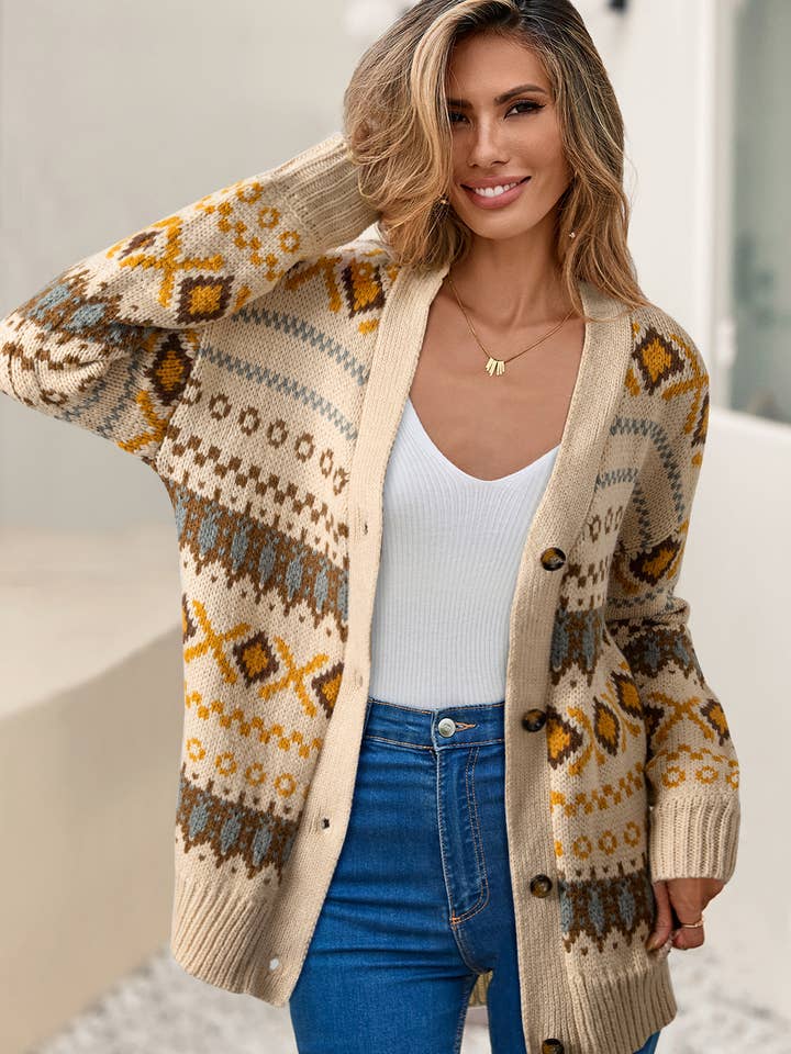 LDC Western Pattern Knitted Button V Neck Cardigan Sweater for wholesale by Little Daisy Closet