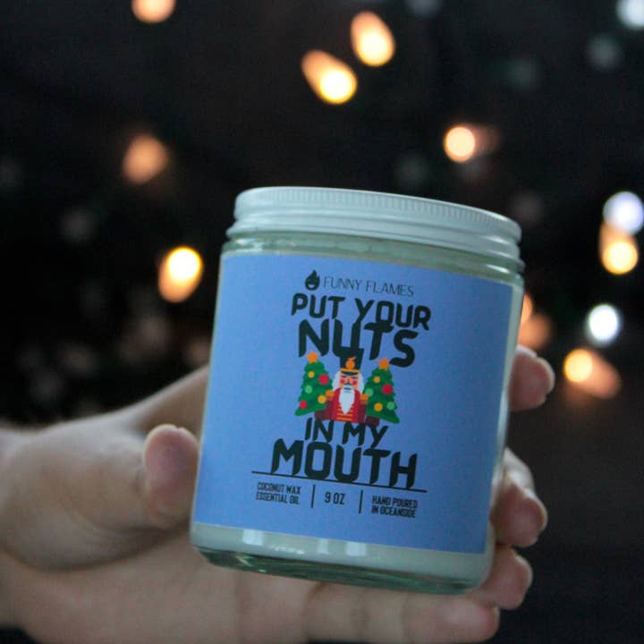 Funny Flames Candle Co - Les Creme – wholesale Jar/filled candle – Put Your Nuts In My Mouth- Funny Holiday Candle for Him 9oz2