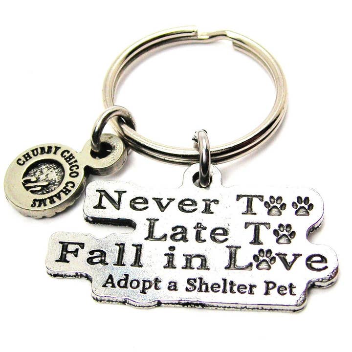 Never Too Late To Fall In Love Adopt A Shelter Pet Key Chain for wholesale by Chubby Chico Charms
