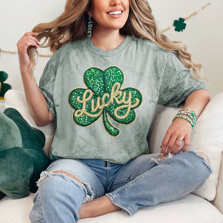Faux Rhinestone Lucky Shamrock Tee for wholesale by Trendy Tee Co.