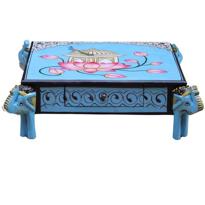 Hand-Painted Wooden Chowki Table with Elephant Legs and Flor for wholesale by VIRATRA ART DECOR