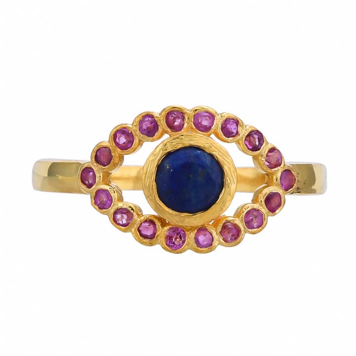 Bague en lapis rubis doré vermeil sur argent 925, Evil Eye Gifts pour la vente par Misteerious Seed