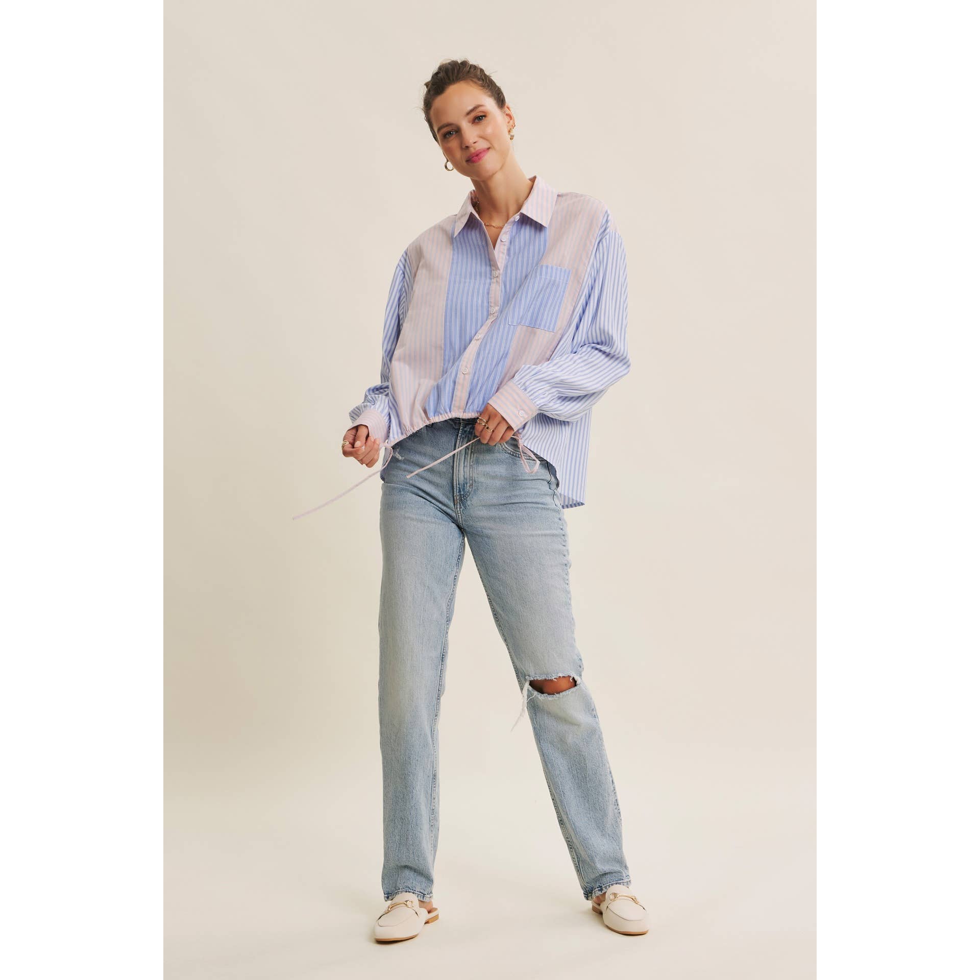 BLUE MULTI CLASSIC MEETS PLAYFUL STRIPE MIX DRAWSTRING WAIST SHIRT for wholesale on Faire10