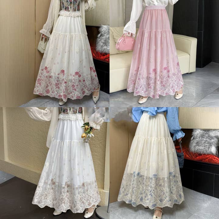 Floral Embroidery Maxi Skirt for wholesale by PEACH ACCESSORIES