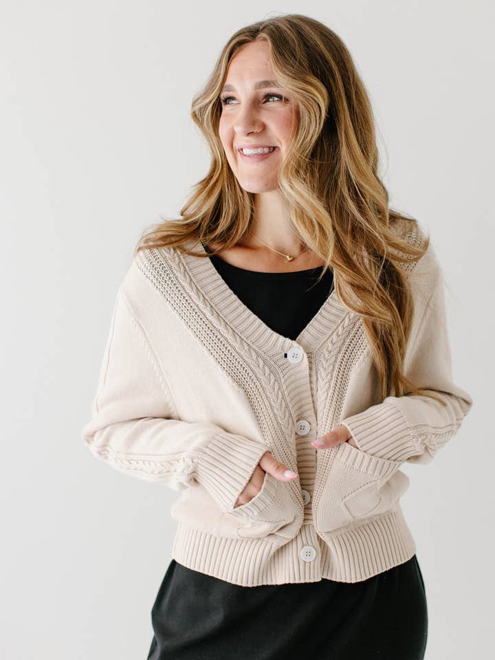 Cream 'Blaine' Cable Knit Detail Cotton Cardigan for wholesale on Faire11