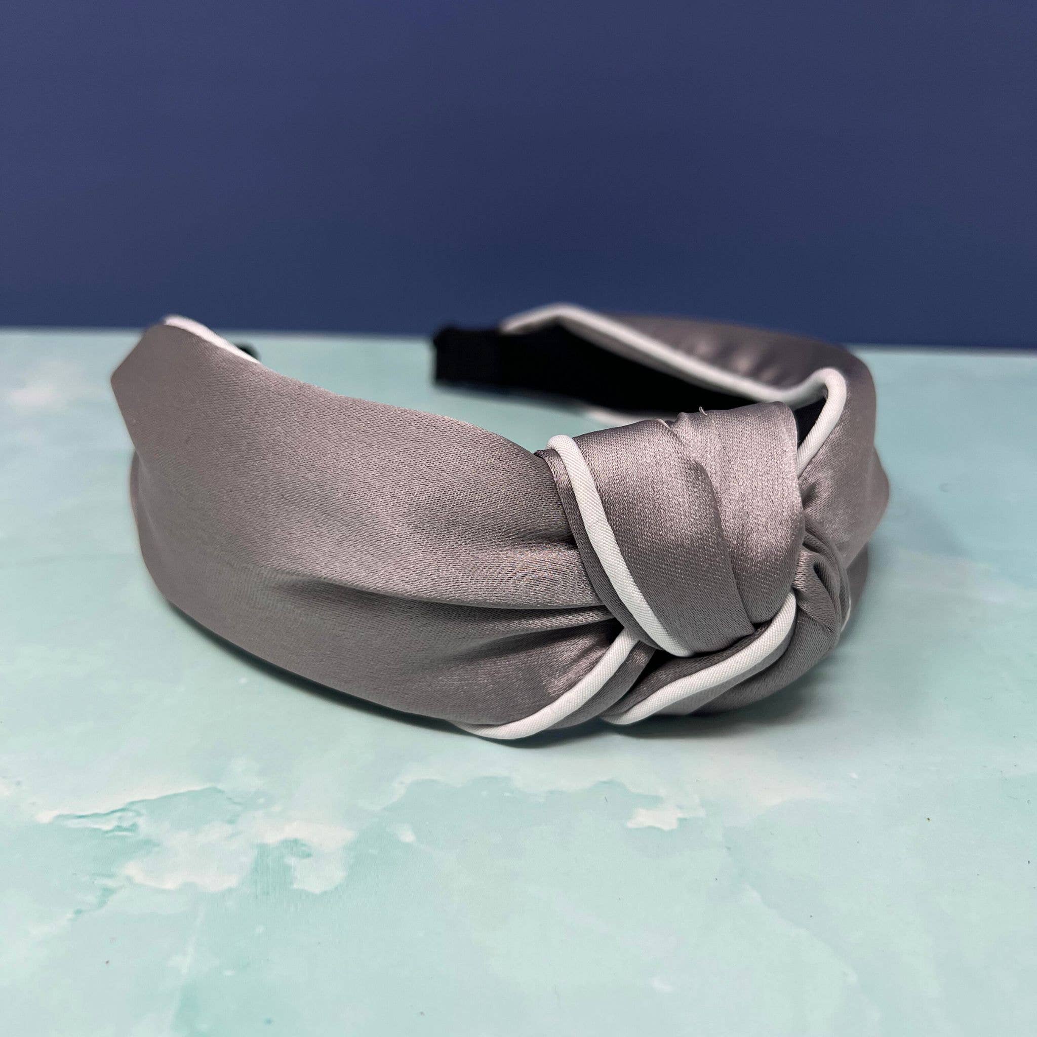 Rainbow Unicorn Birthday Surprise - Wholesale Fashion Headband - Women's - Satin Gray Knotted Leah Headband with White Trim0