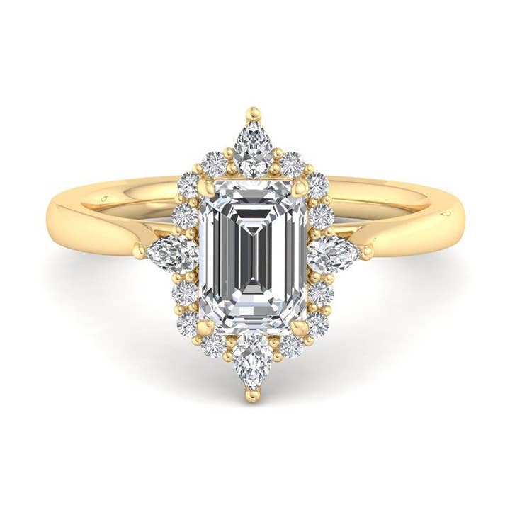 Halo-style with Pear Accents and Emerald Lab Grown Diamond Center Engagement Ring for wholesale by Caratina