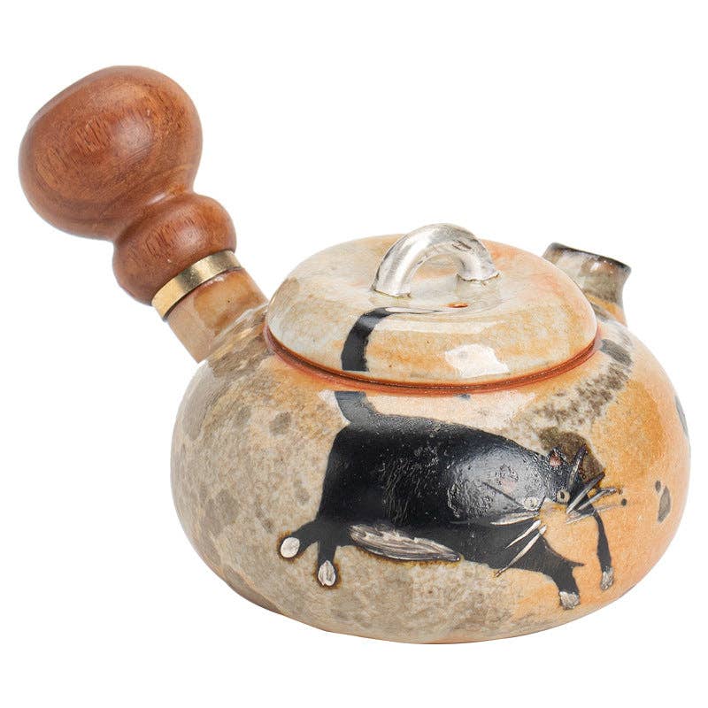 Gohobi （We cover U.S. import duties） - Wholesale Tea Pot - Gohobi Handmade Black Ink Hand-painted Cat Side Handle Teapot 00310