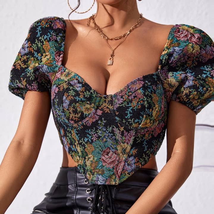 EmberLoom - Wholesale Blouse - Women's - Floral Pattern Corset Top with Puff Sleeves4