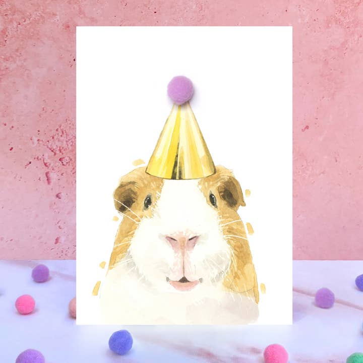 Biglietto di compleanno con pompon porcellino d'India per la vendita all'ingrosso da parte di Robert James Hull