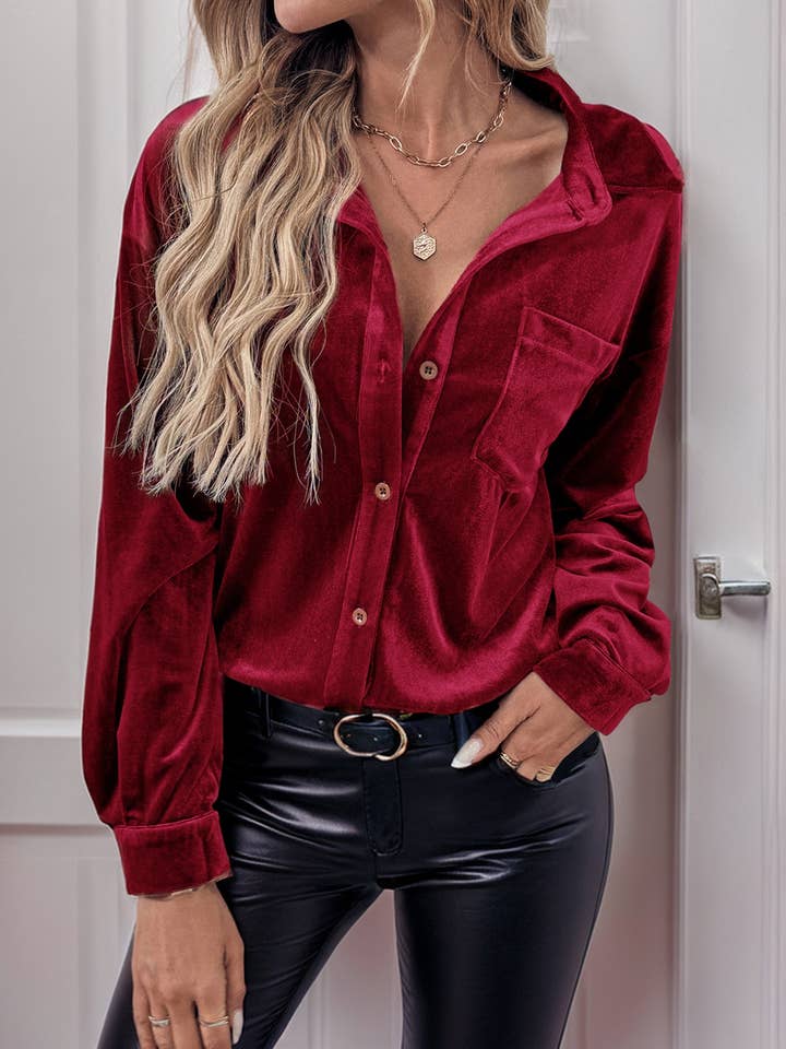 Lily Clothing - Wholesale Shirt - Women's - LONG SLEEVE LAPEL VELVET SINGLE-BREASTED SHIRT