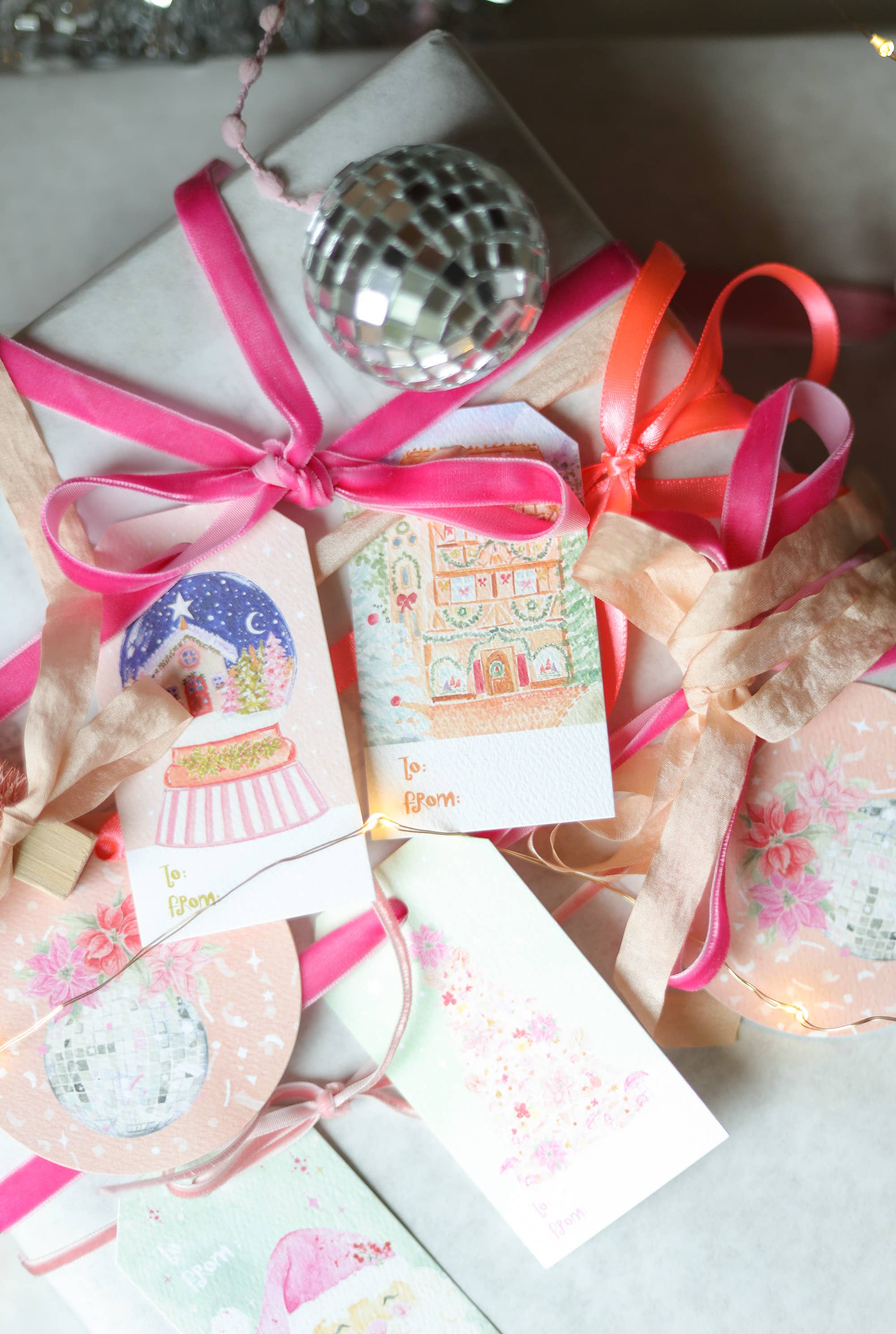 Stephanie Tara Stationery – wholesale Gift tag – pink snow globe holiday  gift tags2