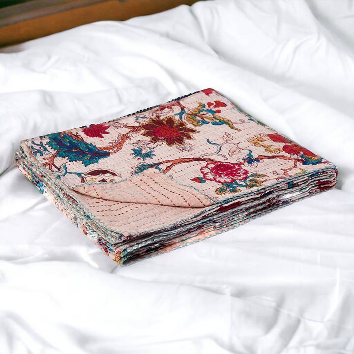 HomeRoots - Wholesale Throw Blanket - 50" X 70" Pink and Red Kantha Cotton Floral Throw Blanket