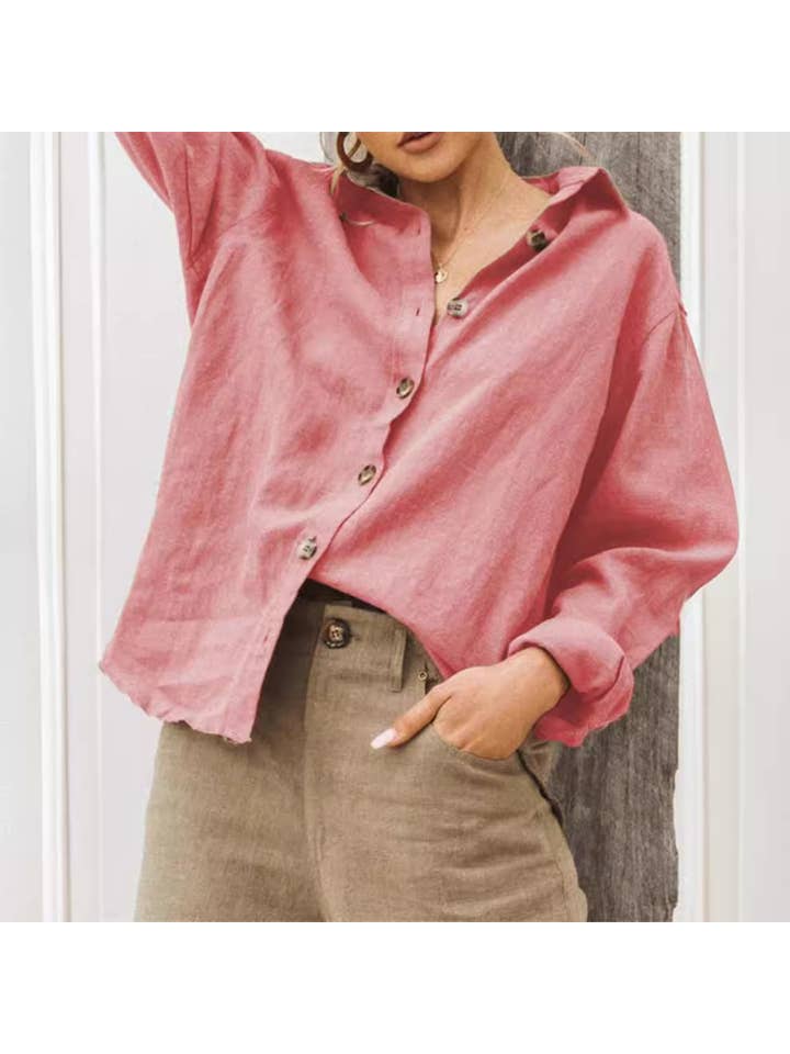 pinkblu02 - Wholesale Button Down Shirt - Women's - Women Fashion Solid Color Long Sleeve Blouses