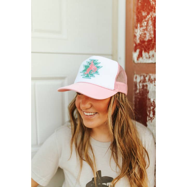 Pink White Aztec Bucking Bronco Patch Trucker Hat for wholesale on Faire