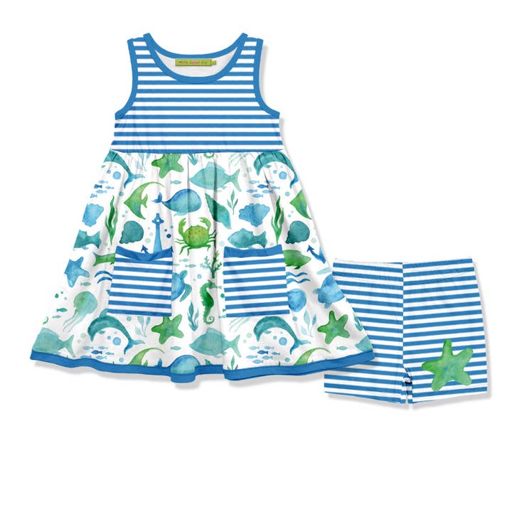 Girls Sea Sleeveless Pocket A-Line Dress & Shorts for wholesale by Millie Loves Lily