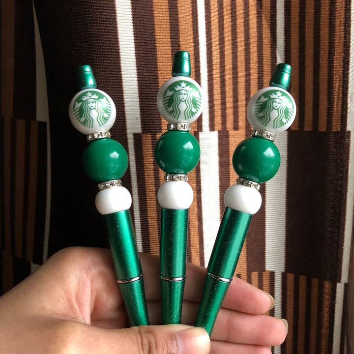 Amy Designs - Wholesale Pen - "Starbies" White and Green Starbucks Beaded Pen