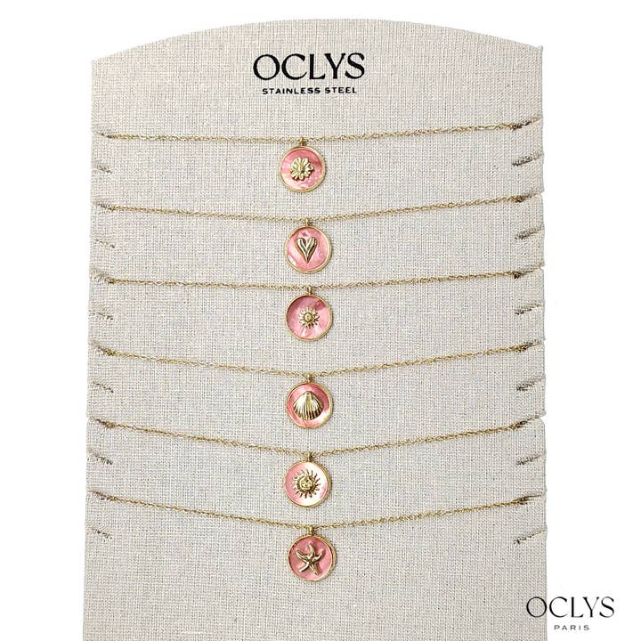 Oclys - Wholesale Pendant/Charm Necklace - Lot of 12 mother-of-pearl chain necklaces with gold stainless steel motifs