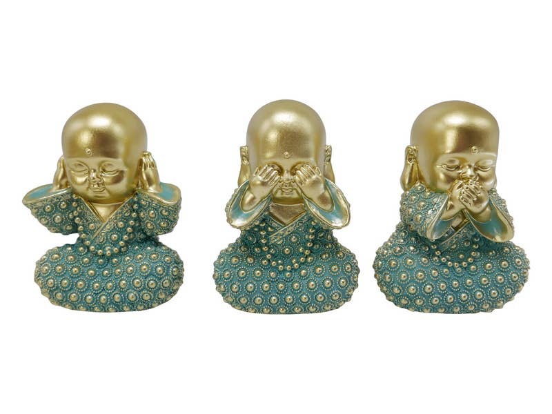 Cubby House by Malmar - Wholesale Decorative figurine - 12cm Wise Buddha Monk In Aqua/Gold Finish 3 Asstd