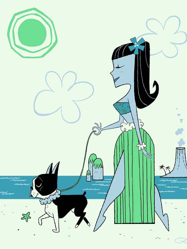 Hula Girl, Walking a Boston Terrier, Dog Art Print for wholesale by Brian Rubenacker studios