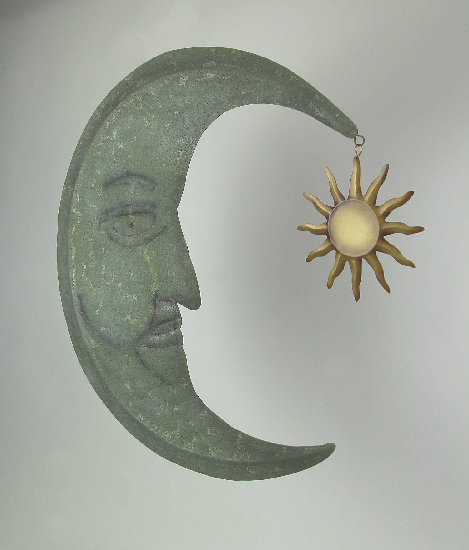 Zeckos - Wholesale Wall Accent - Verdigris Metal Crescent Moon Wall Hanging with Sun Dangler1
