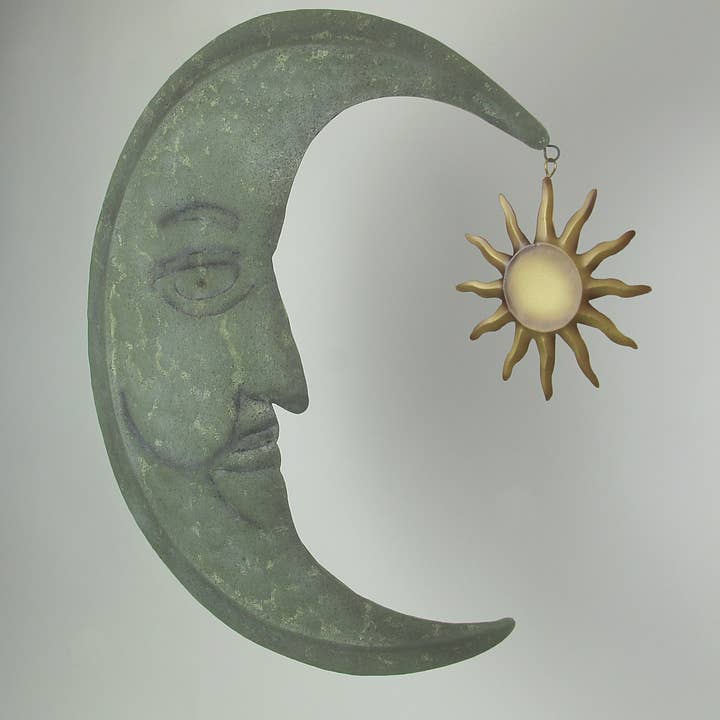 Zeckos - Wholesale Wall Accent - Verdigris Metal Crescent Moon Wall Hanging with Sun Dangler1