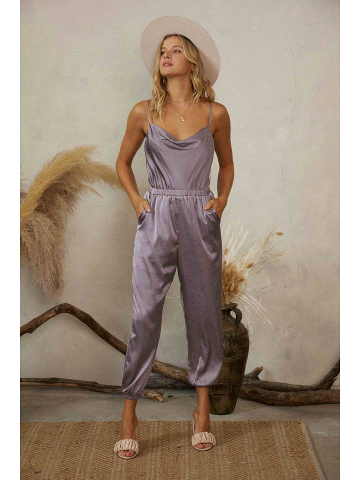 Endless Blu - Wholesale Jumpsuit - Women's - JR6304 COWL NECK SATIN JOGGER JUMPSUIT