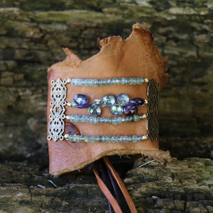 Mystic Topaz, Amethyst and Aquamarine Leather Gemstone Cuff for wholesale by Beshea Beshea
